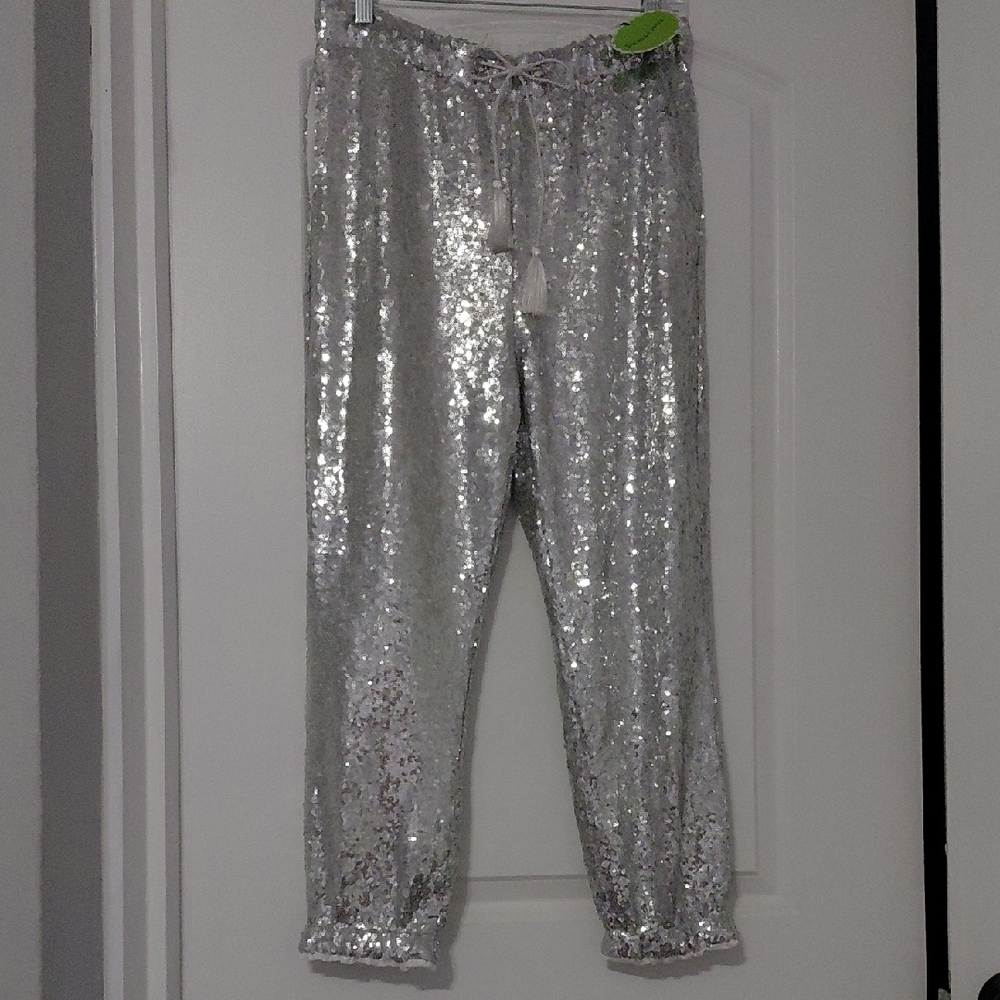 Breeze Ever Pop Culture Silver Sparkly Sequins High Waist Joggers Size Large NWT